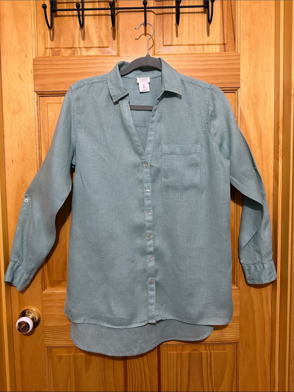 Sigrid Olsen Light Teal Button-Up Blouse Top with Sleeve Roll Tabs, Size Small.